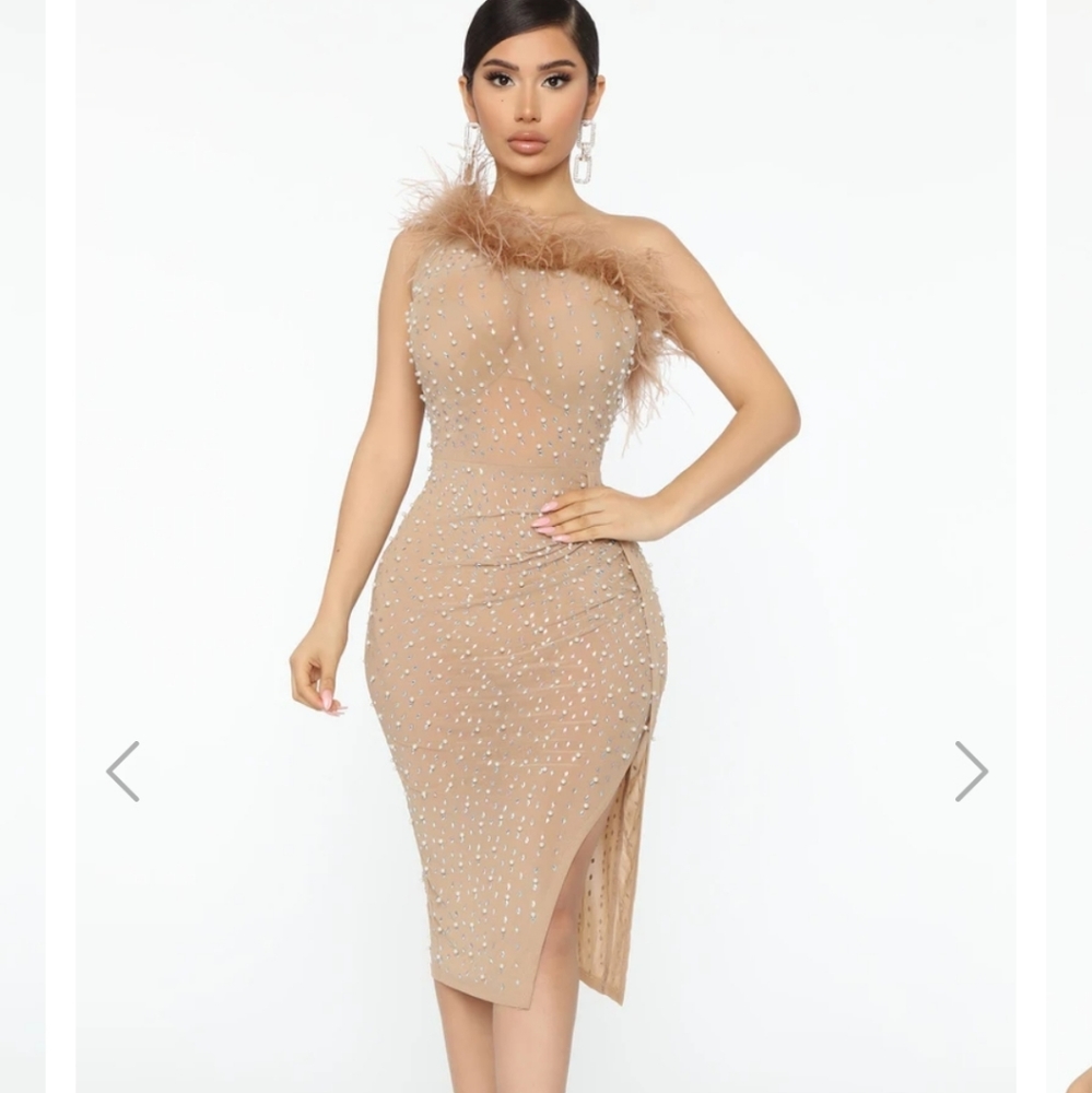 Sexy Nude Feather Midi Dress
